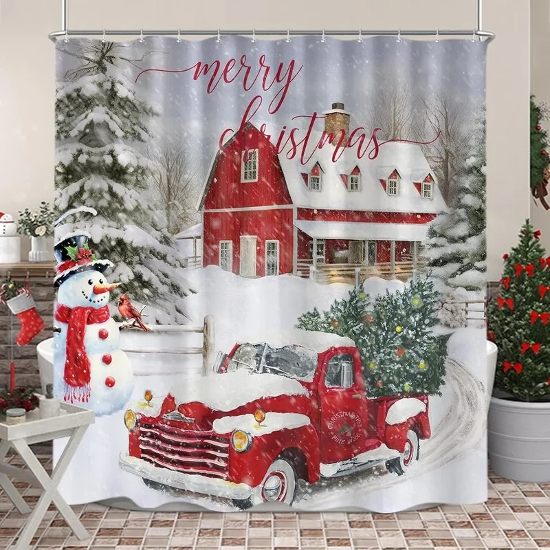 Christmas Red Truck Red House Snowman Cardinal No Drill Shower Curtain 12 Hooks Bathroom Decor Set
