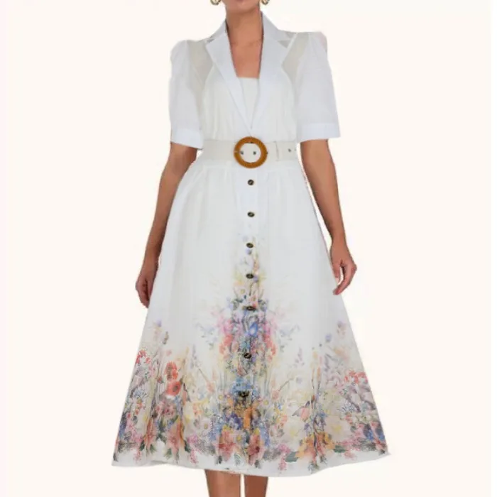 Ele Bloemenprint ort Sve Midi Dr met riem en riem Grote zoom Design Woon-werk Sle Polyestervezel Lente Herfst