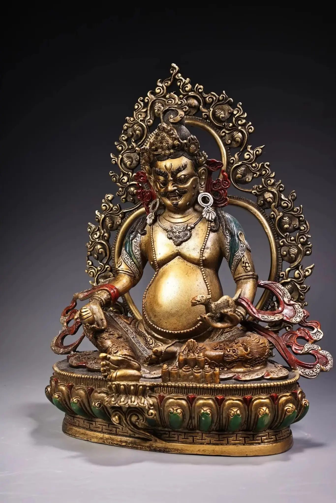 

12"Tibetan Temple Collection Old Bronze Gilded Painted High Relief Yellow Jambhala Sitting Buddha Worship Hall Town house