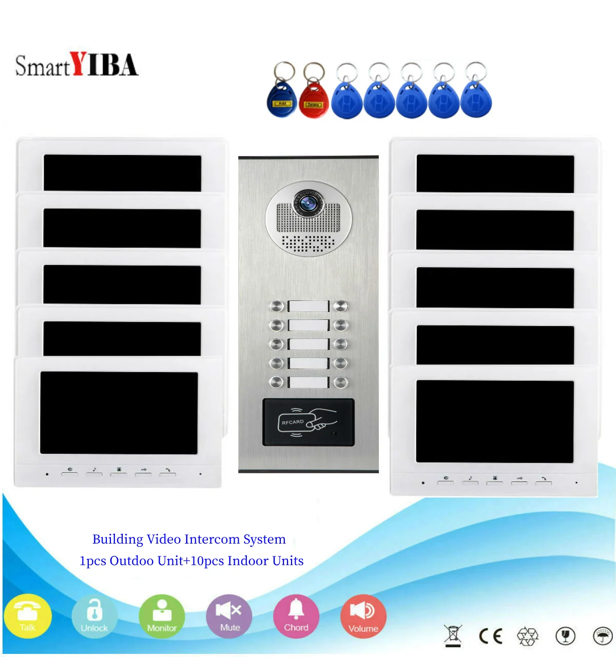 SmartYIBA 7'' 2 to 12 Units Home Intercom Door Video Call IR Night Vision RFID Camera Door Phone Doorbell for Home Security