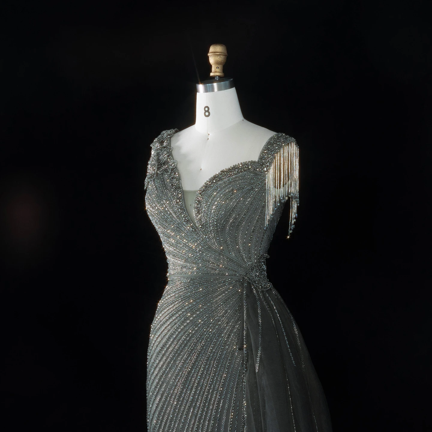 Sharon Said Abendkleid Glamouröses Grünes Tüllkleid mit Perlen und Quasten, Sweetheart-Ausschnitt, Luxuriöses Dubai-Formelles Hochzeits- und Partykleid SS103 Maßanfertigung – Detail 22