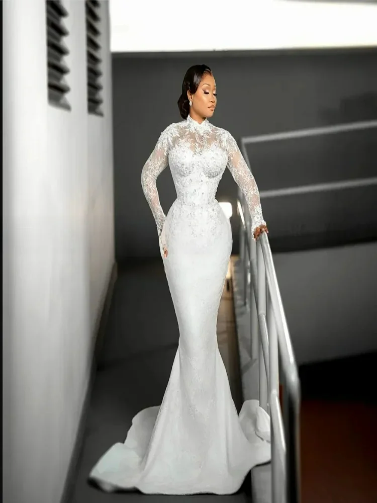 Customized Vintage Appliques Beads Mermaid Wedding Dress Sweep Train Robes De Mariée High Collar Long Sleeves Bridal Gown