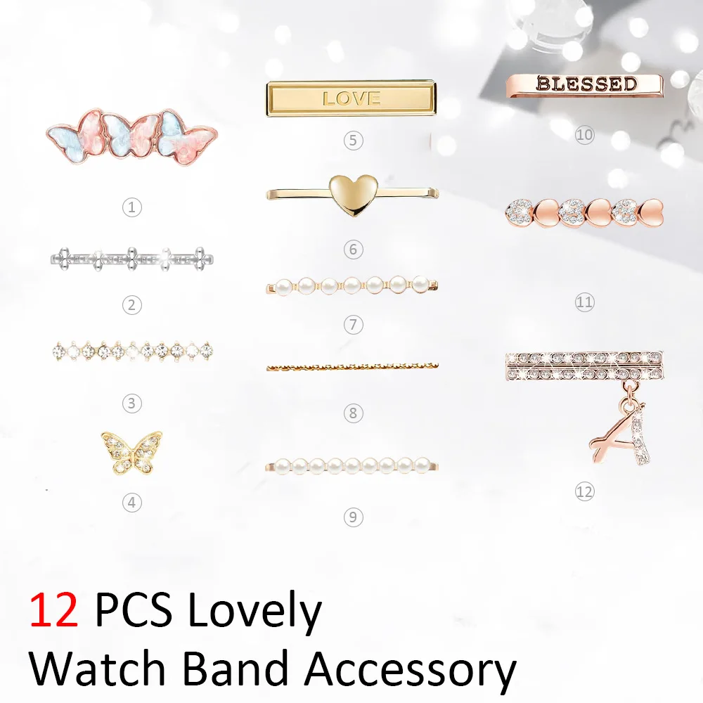 12-Pcs Super Bling Watch Charms with 11-Pcs Decorative Rings Loops 1-Pcs Decoration,Compatible with Apple Watch Band Metal 1-11