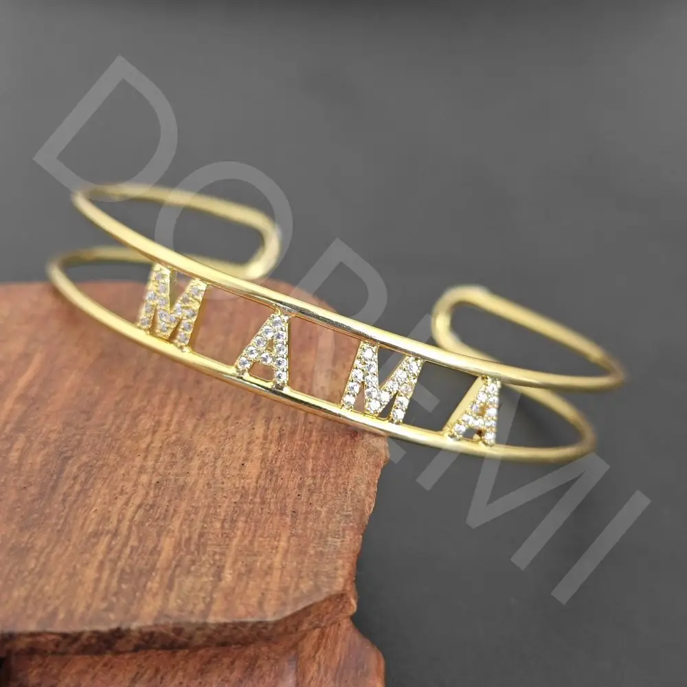 DOREMI Narrower Double Zircon Name Bangle Heart Charms Women Bangle Women Custom Exquisite 6mm Crystal Zircon Name Cuff Bangle