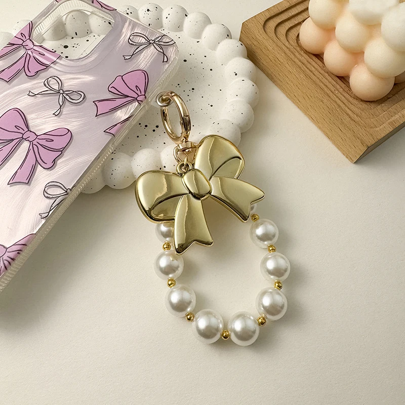 Ins Style Fashion Bowknot Pearl Beaded Key Chain Phone Pendant Headphone Case Charm Bag Decor Car Key Ring image 3