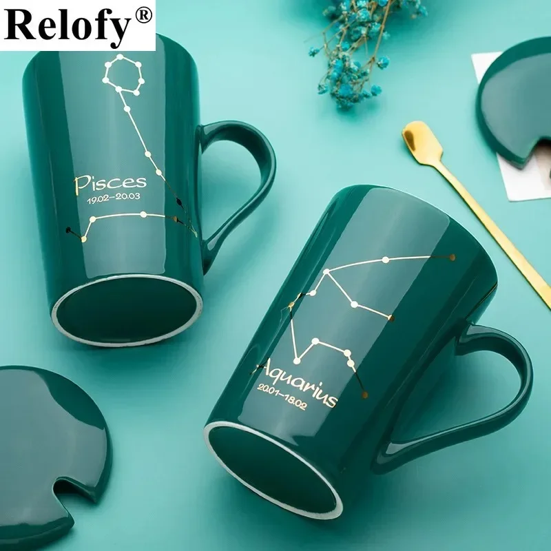 420ml Gift Package Constellation Ceramic Mugs Lovers Coffee Mug Creative Coffee Cups with Lid with Spoon Ceramic Coffee Cup Set