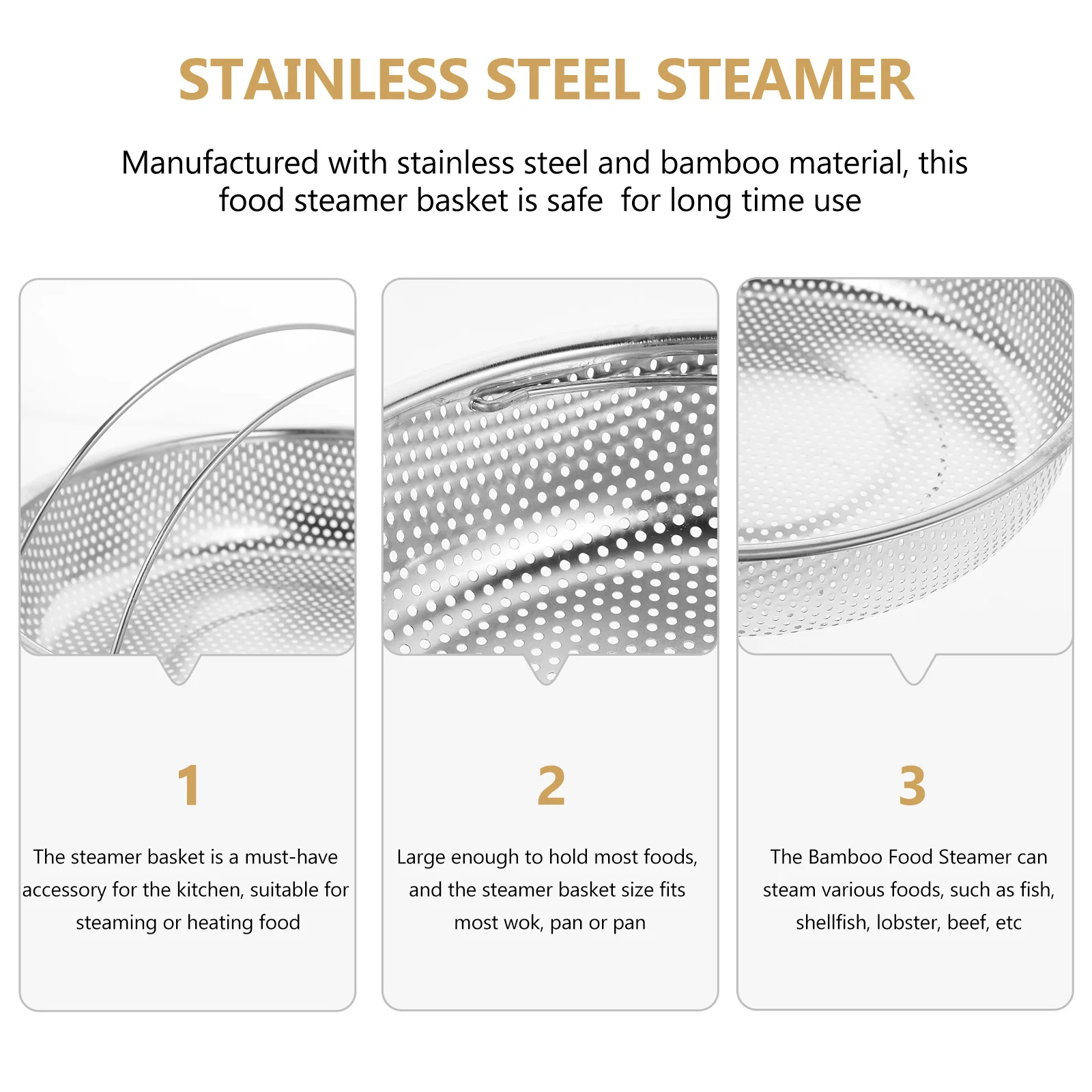 

Stainless Steel Steamer Basket Fine Holes Fast Even Heating Multi Purpose Food Steaming Rack For Vegetables Fish Meat