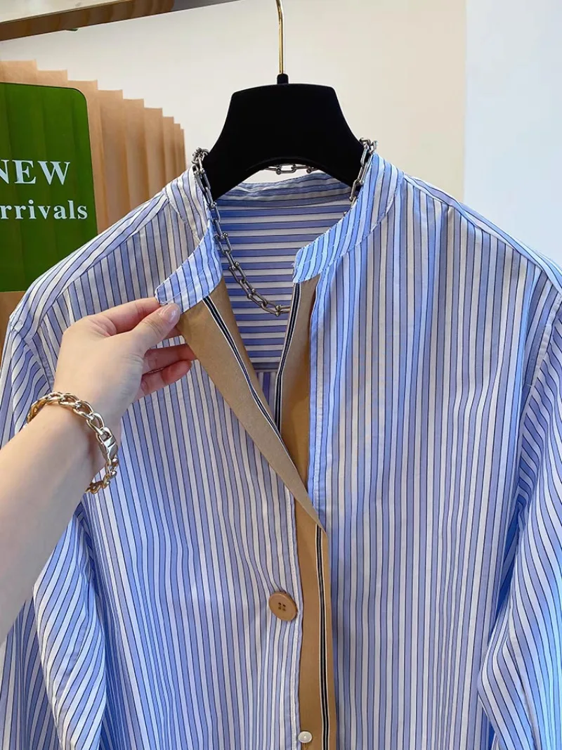 SuperAen Blue Striped Shirt Women's 2025 Spring New Loose Fashion New Design Long-sleeved Shirts view 3