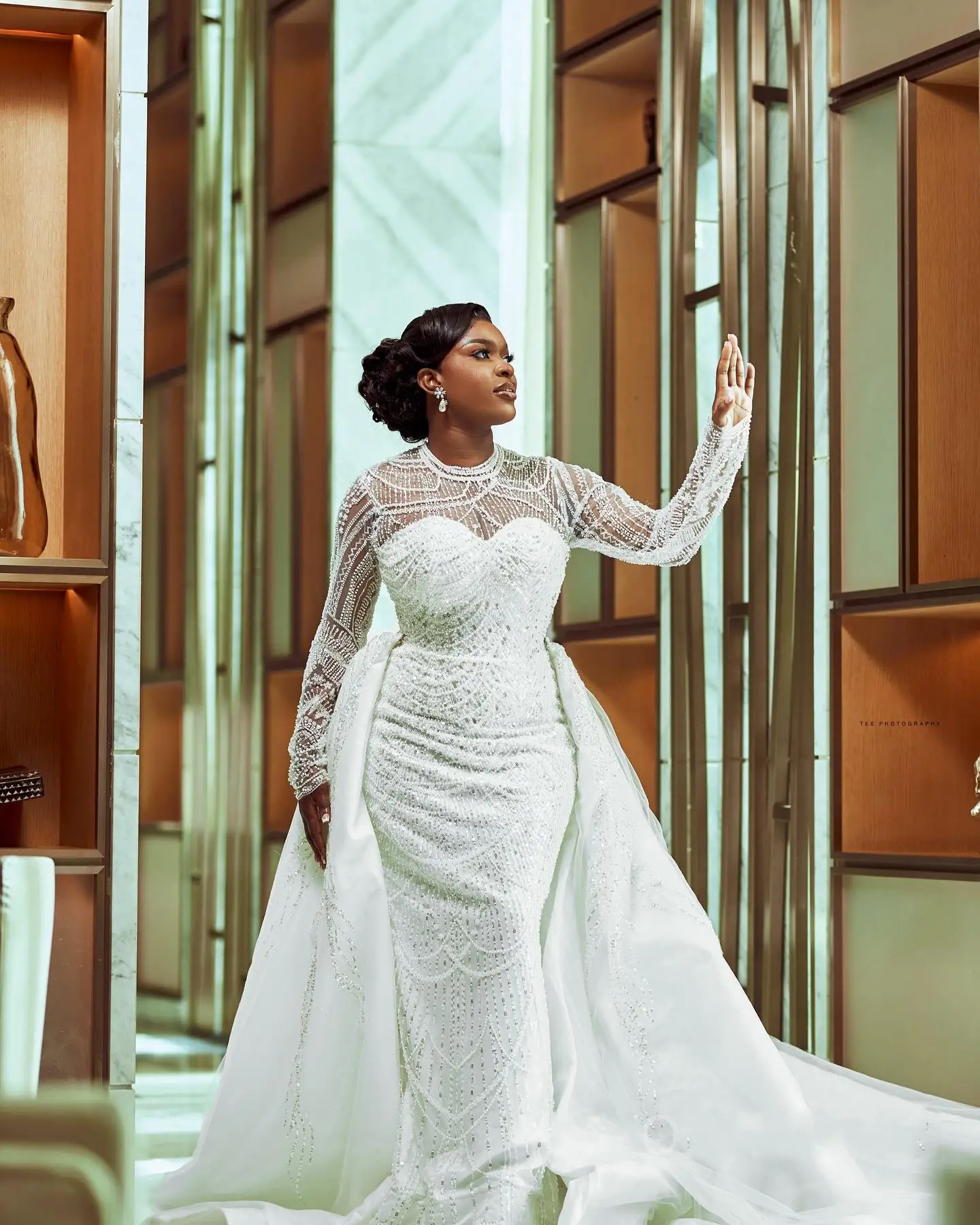 Customized African High Neck Shinny Beads Pearls Mermaid Wedding Dress with Removable Skirt Long Sleeves Plus Size  Bridal Gowns