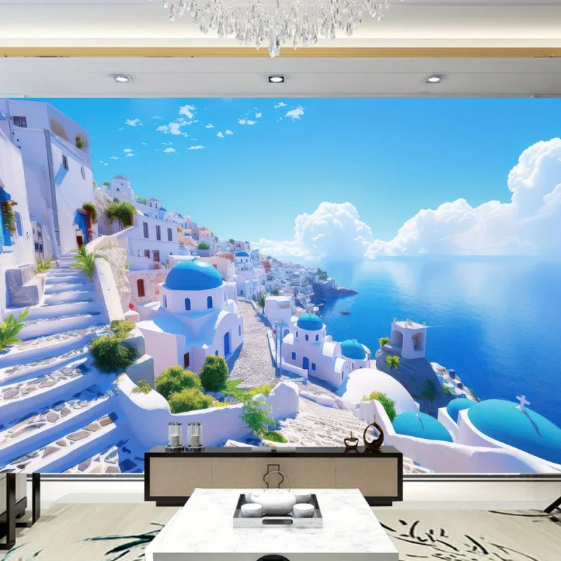 Santorini Coast, Aegean Sea Scenery Wall Tapestry Living Room Bedroom Homestay Atmosphere Polyester Fiber Wall Hanging