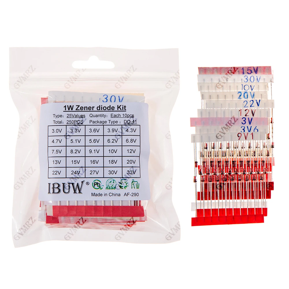 250PCS 25Values 1W Zener Diode Kit 3.0V-33V DO-41 for Voltage Regulation Electronic Projects 33V 12V 20V 13V 15V 24V