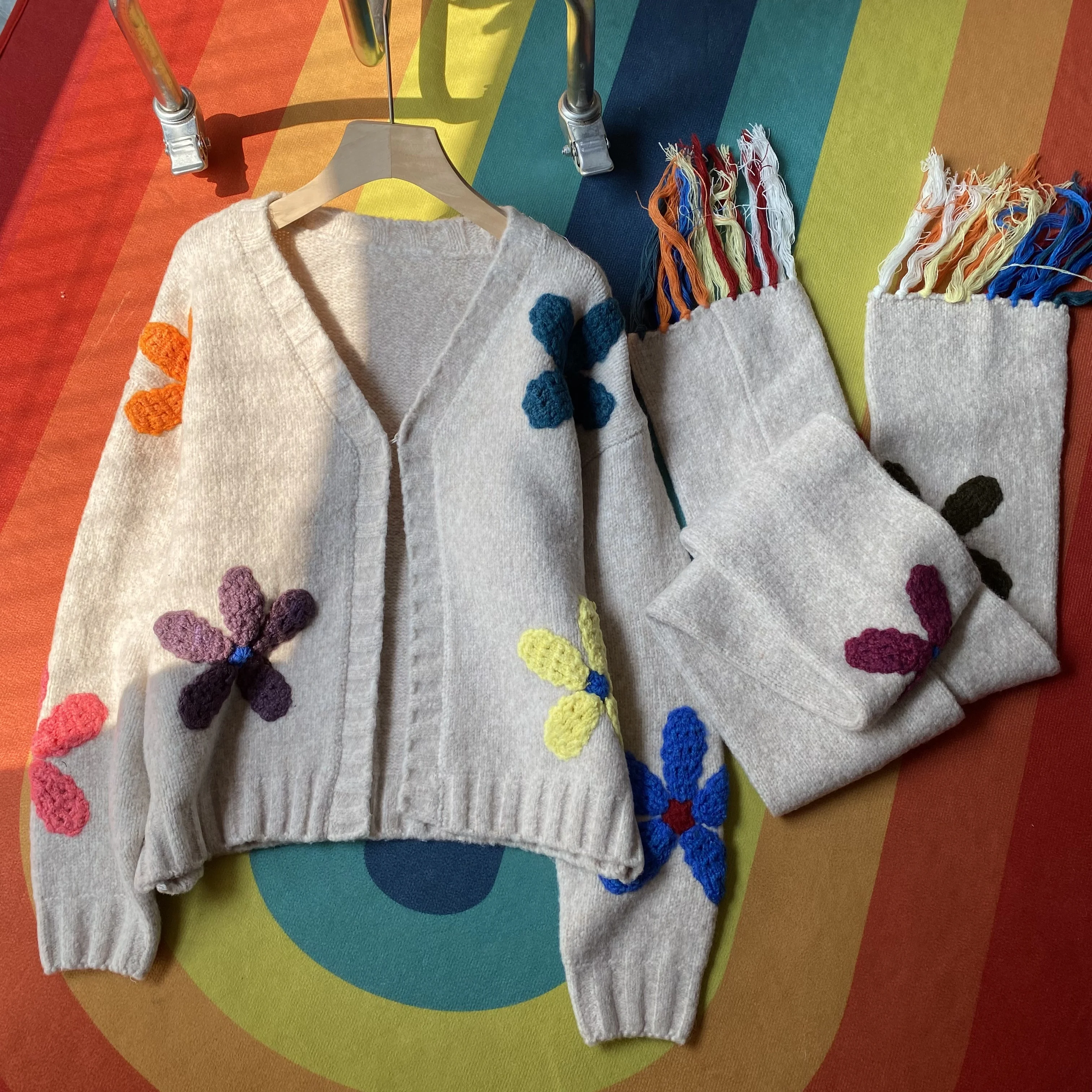 3D Colorful Crochet Flower Knit Cardigan with Tassel Scarf Multicolour Floral Knit Sweater 2025 Autumn/Winter Women Kniwear