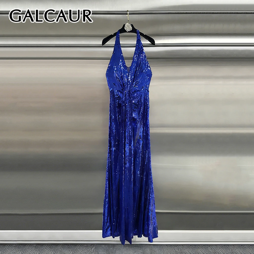 

GALCAUR Solid Spliced Sequins Chic Dress Female Halter Sleeveless Loose Luxury Party Women's Dresses Fashion Summer Style New