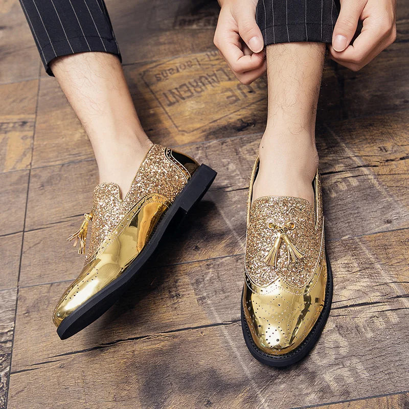 Glitter Men Loafers PU Tassel Decoration Youth Fashion Party Hairstylist British Style Gentleman Leather Shoes