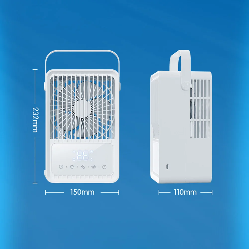 4-in-1 Misting Fan with Cooling Humidifying AC Effect and LED Light 600ml Capacity 8H Smart Timer Rechargeable