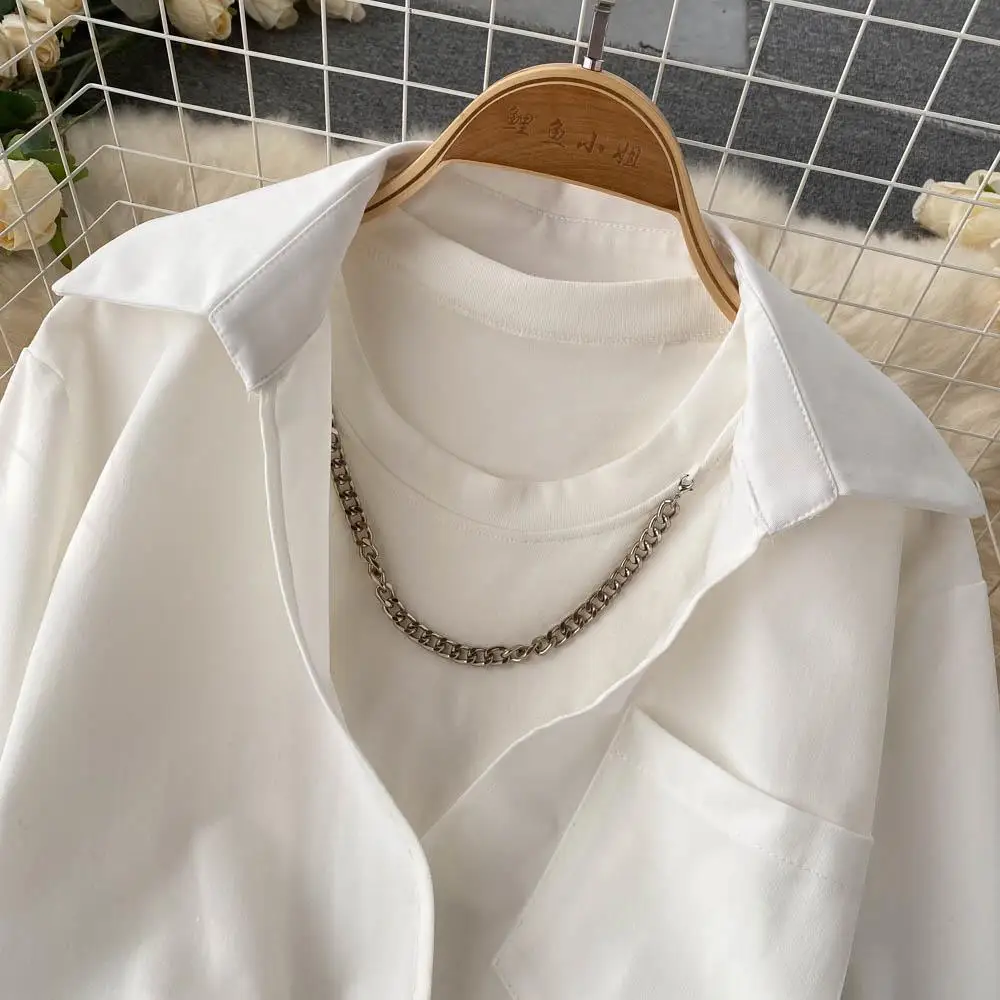 Solid Loose Shirts Women Cropped Chain Designed Chic OL Temper Street Ulzzang Casual Spring Long-sleeve Harajuku Korean Stylish