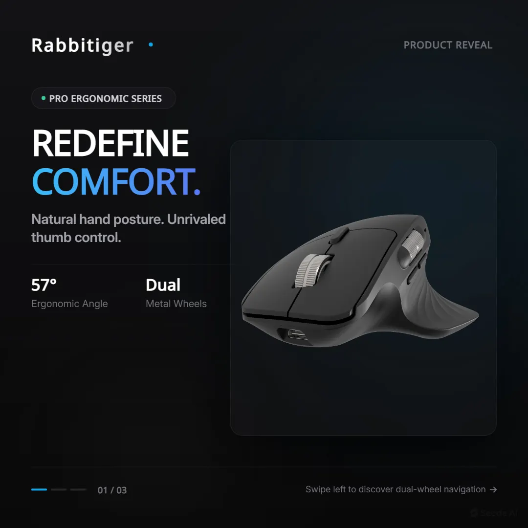 Rabbitiger Wireless Bluetooth Mouse 3 Mode 2.4G USB-C Wired 4000 DPI Side Wheel Silent Ergonomic Office Computer Mouse