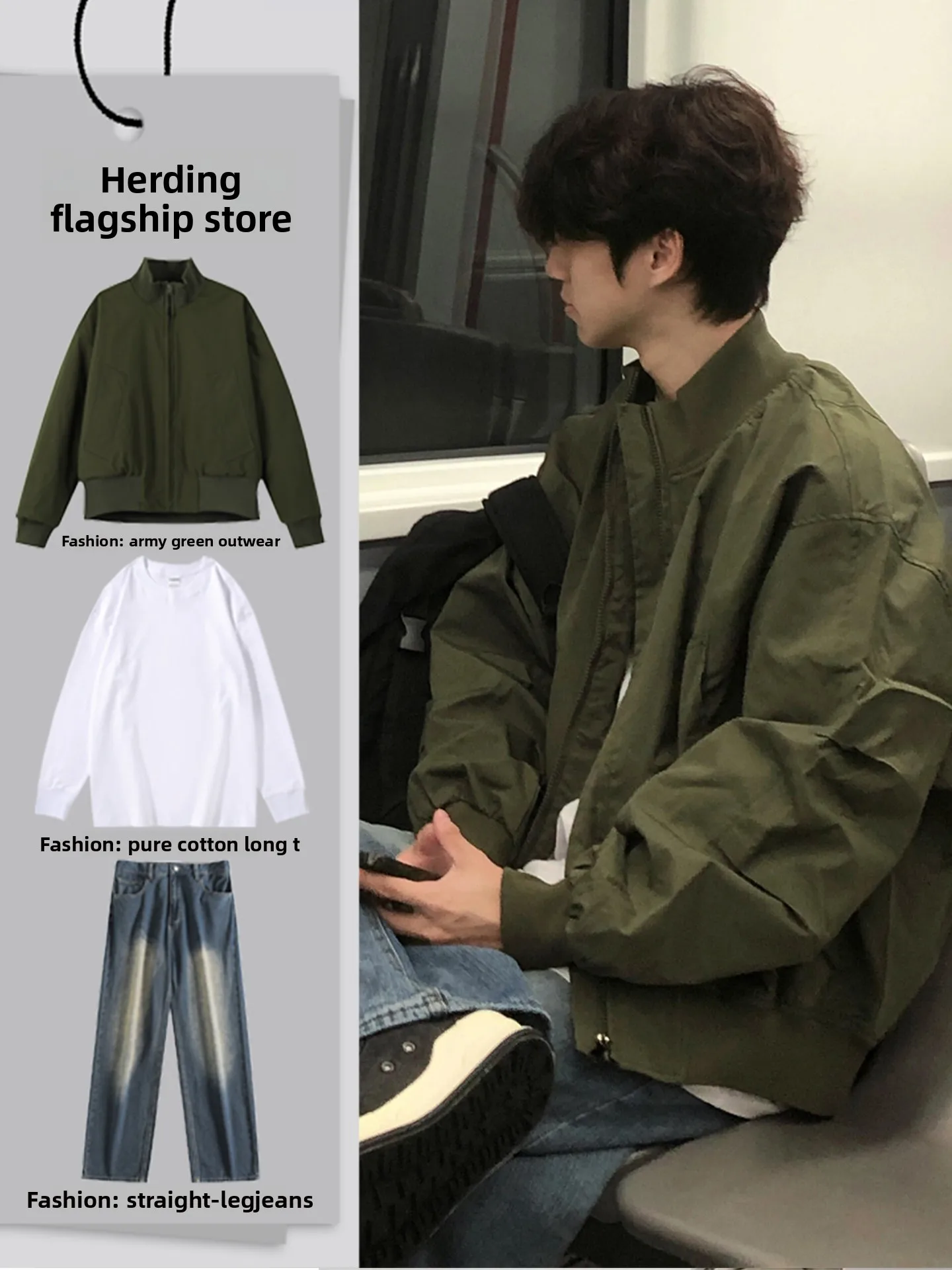 

Military een Flight Jaet Set for Men Autumn Sle Retro American ort ape Baseball Coat Long Sve Long Pants