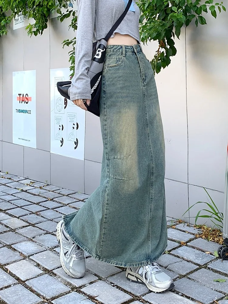 S-XL Back Split Long Denim Skirt 2022 korean style High Waist Vintage A Line Midi Skirts Women Long Jeans Skirts Style (760019