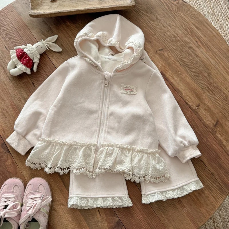 

Girl's Autumn New Lace Patchwork Hooded Cardigan and Pants Two-Piece Set Casual