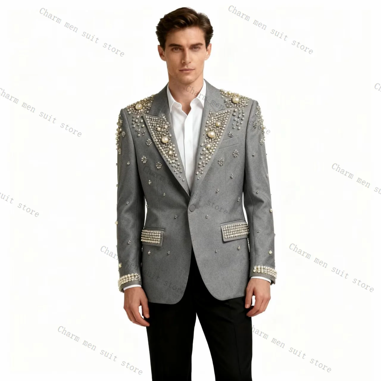 

Grey Luxury Men Suits Set 2 Pcs Blazer+Pant Trousers Wedding Tuxedo Shiny Crystals Formal Office Business Groom Jacket Coat