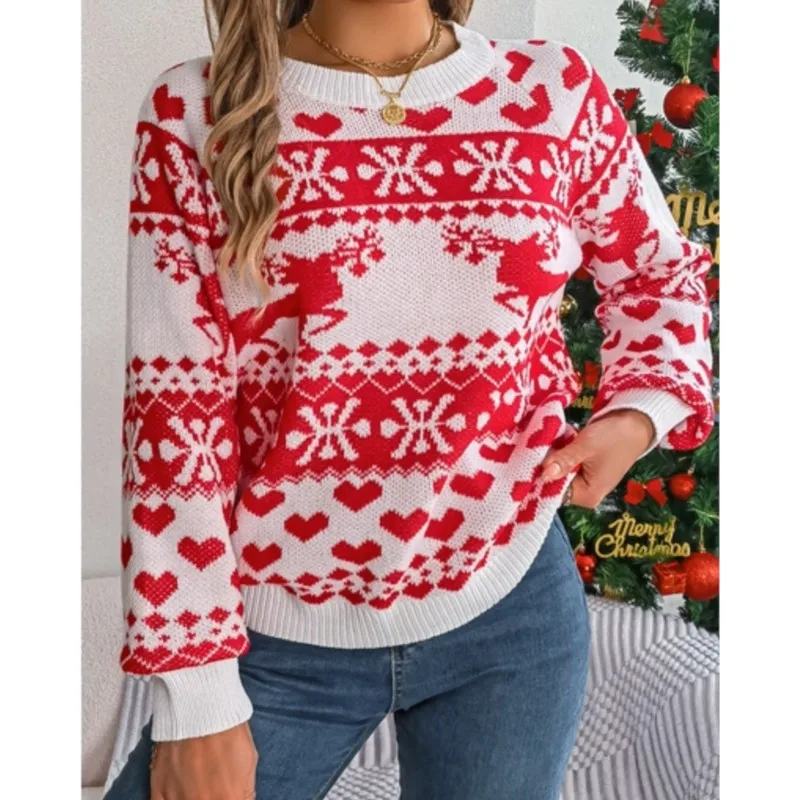 Winter Autumn Pullover Clothes Christmas Deer KnittedSweater Women Long Sleeve Round Neck Ladies Jumper Fashion Casual