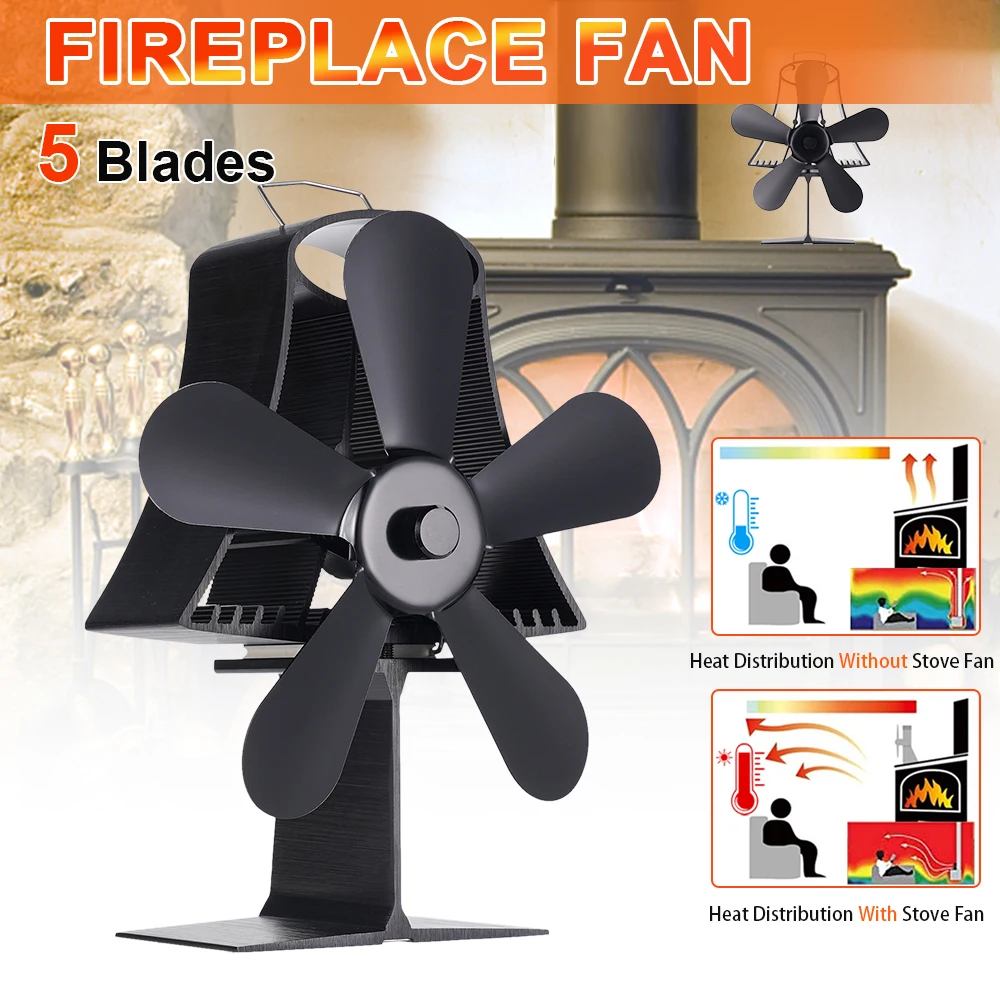 5 Blades Standing Heat Powered Stove Fan Log Wood Burner Fireplace fan Efficient Heat Distribution Heater Eco No Electricity