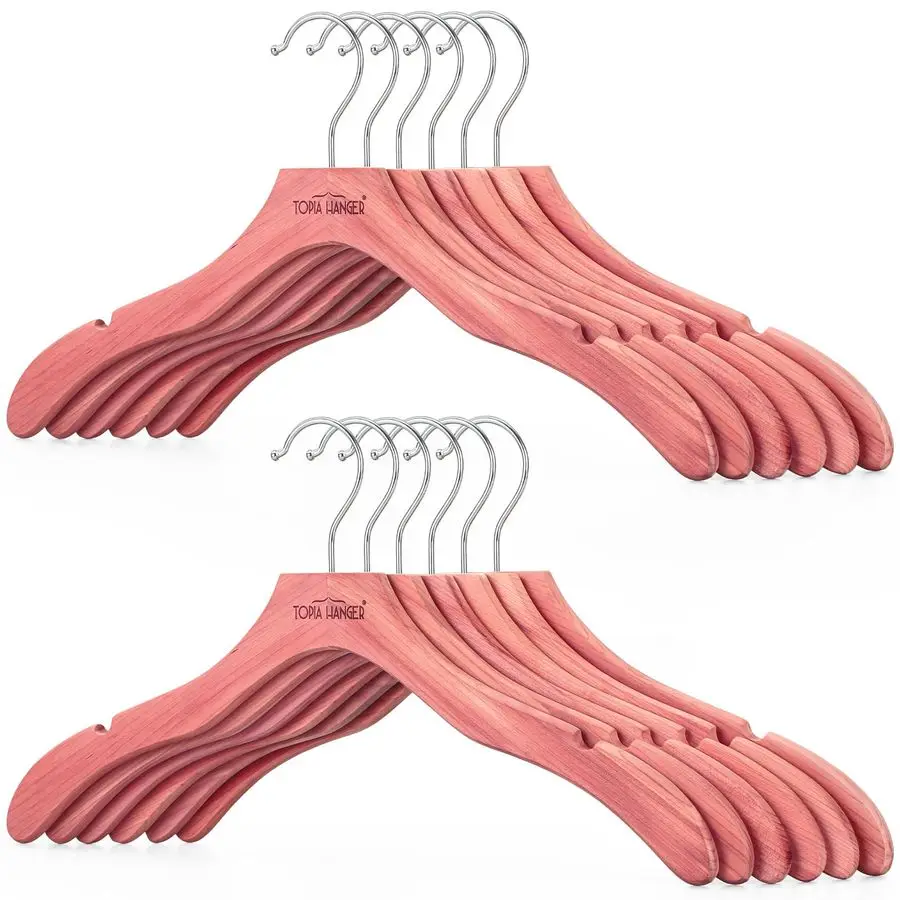 

Red Cedar Coat Hangers 12 Pack, Premium Wood Suit Sweater No Shoulder Bump Hangers, 360 Swivel Hook and Cut Notches Clothes Hang