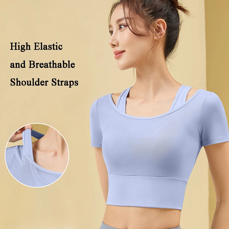 Women\'s Mesh Training Fitness Top Gym Workout Fake 2 Pieces Yoga Shirt Quick Drying Breathable Short Sleeve Sports Crop Top