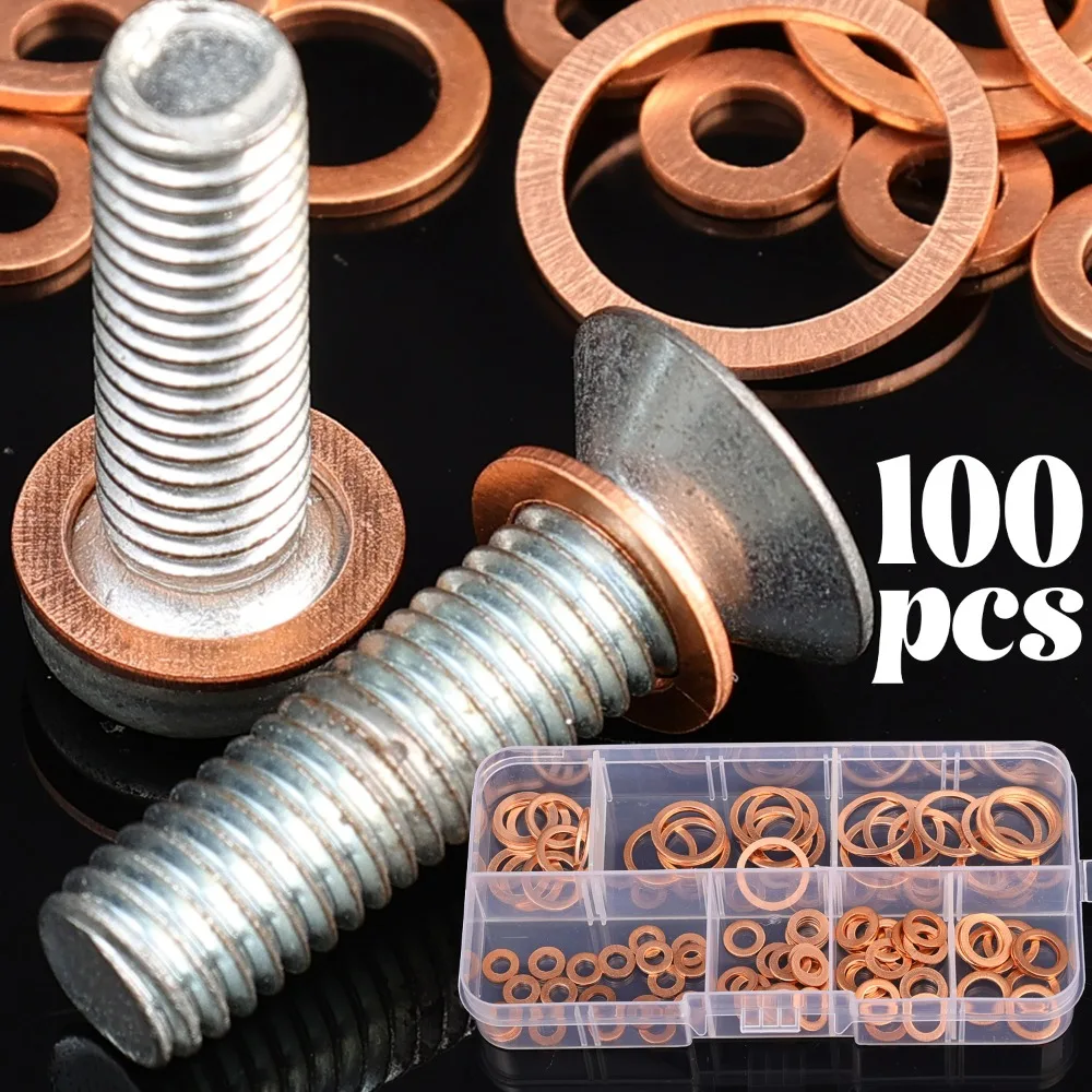 

100pcs Red Copper Oil Drain Plug Gasket Kit M4-M14 Universal Car Engine Oil Pan Leak Prevention O-Ring Sealing Washers Auto Part