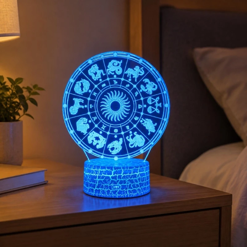 Acrylic Zodiacal Sign Night Light with Etched Display, 16 Selectable LED Light Modes, USB-Powered Operation, and Timed Shutoff