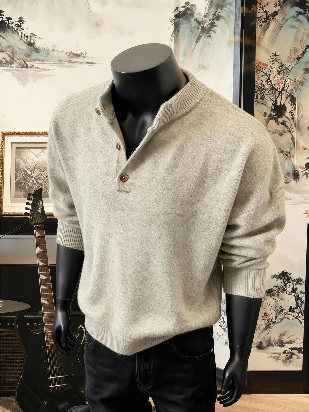 

American Style Long Sleeve Neck Knitwear Men's Base Layer Shirt CleanFit Shoulder Autumn Winter Inner Wear Casual Loose Fit