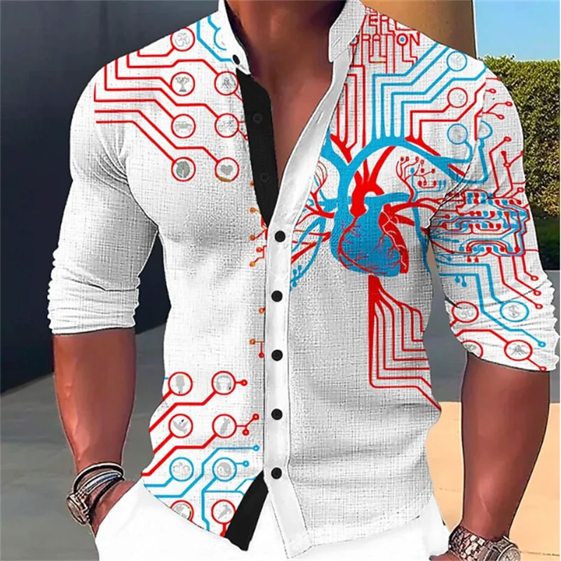 Men's Shirt Machine Organ 3D Printing Stand Collar Red Outdoor Street Long Sleeve Clothing Fashion Dress Designer Casual S-6XL