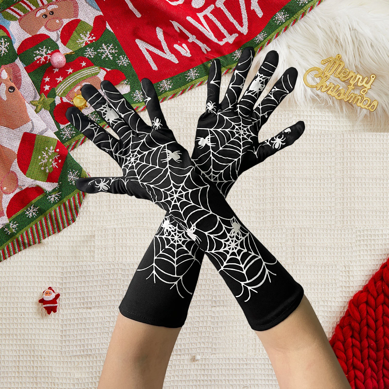 Guantes de Halloween con estampado de murciélago y telaraña, guantes de fiesta para mujer, accesorios de disfraz de Cosplay