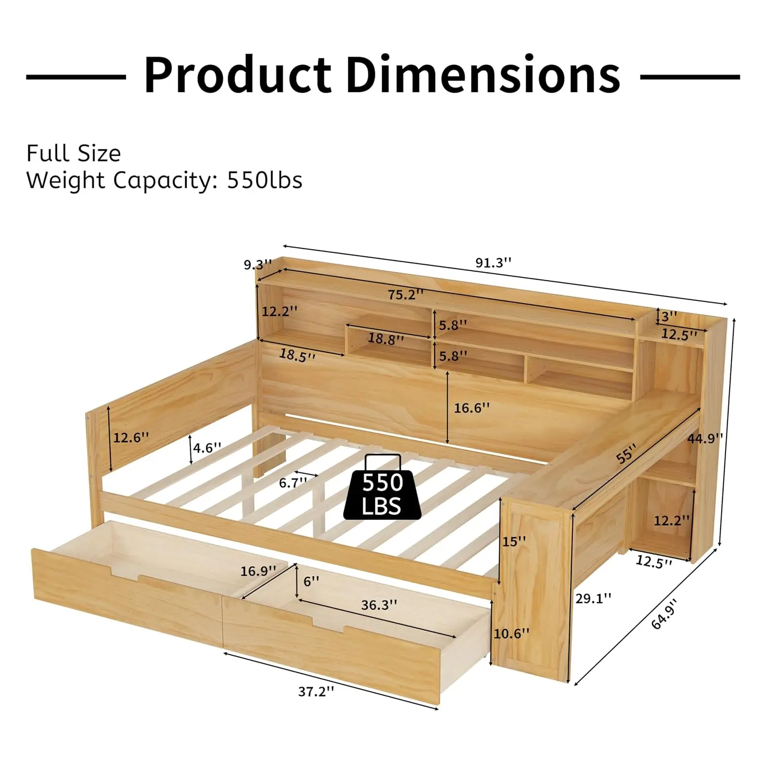 Corner Full Bed Frame with Bookcase Desk Wood Daybed 2 Drawers for Living Room Bedroom Guest Room, Customized