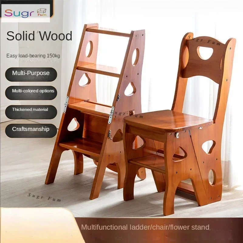 

Solid Wood Ladder Chair Home Multi-functional Folding Chair Dual-use Ladder Stool Indoor Climbing Stairs 4-step Climbing Ladder