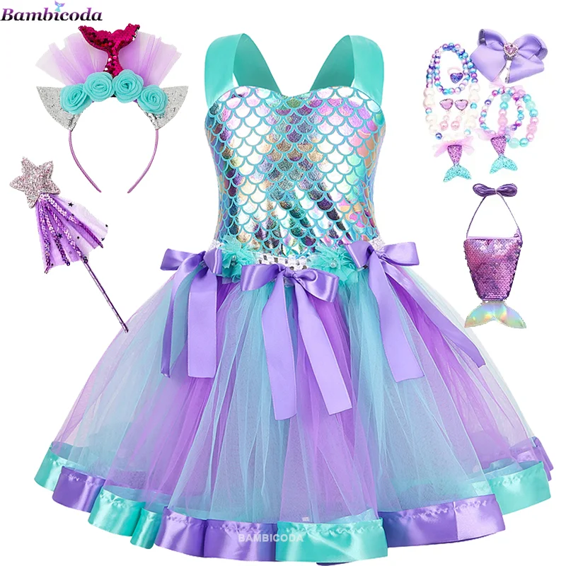 2024 Little Mermaid Cosplay Costume Girl Halloween Siren Ariel Disguise Kids Princess Party Role Play Dress for Girl 2-12 Years