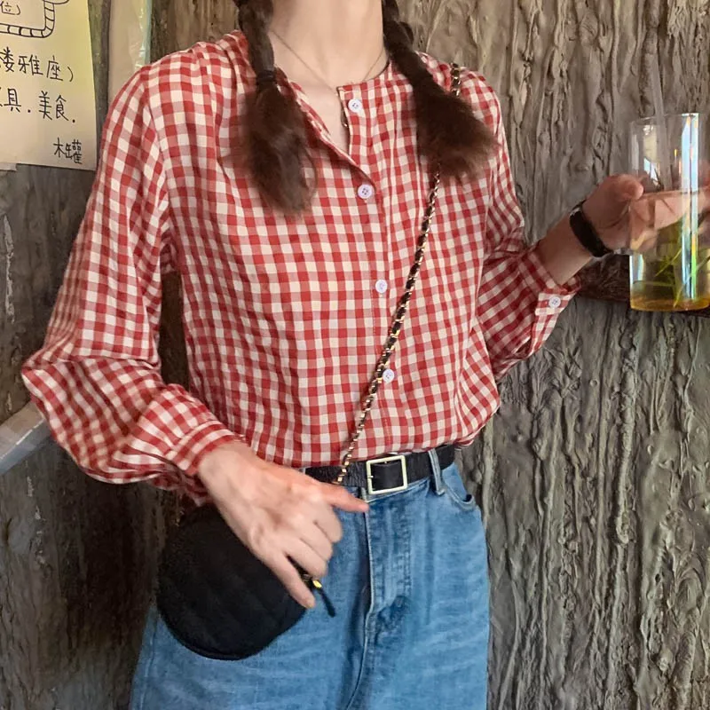 Spring Fashion Blouse Round Neck Plaid Loose Sweet Casual Button Down Long-sleeved Shirt