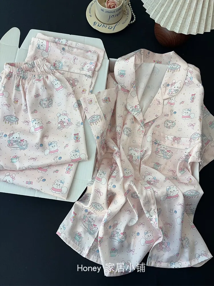 Japanese Summer Ice Silk Sweet and Cute Girls Short-sleeved Three-piece Pajamas Cartoon Pink Casual Comfortable Loungewear