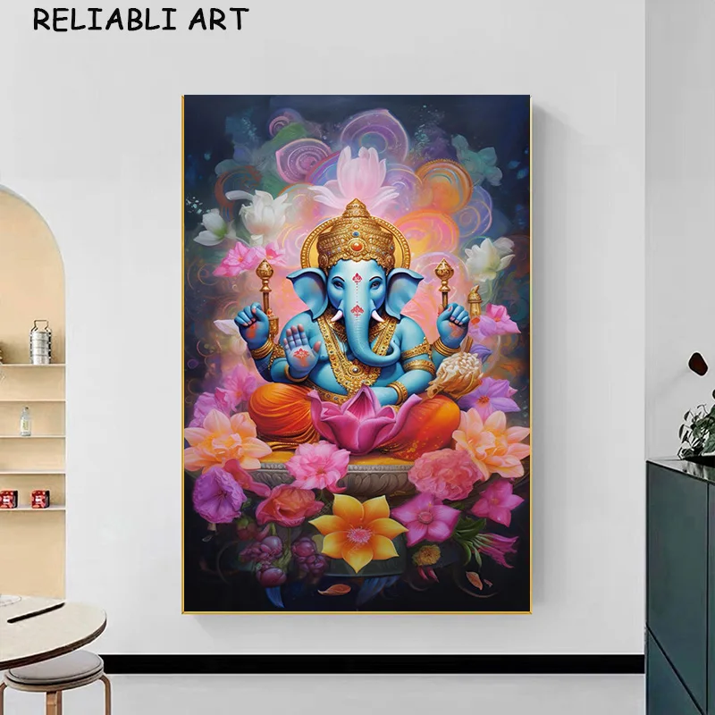 India God Ganesha Flower Portrait Poster and Prints Wall Art Pictures Canvas Painting for Living Room Home Decor No Frame