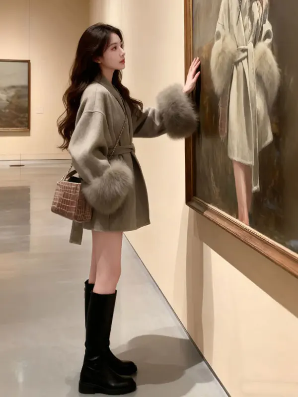 

Korean Sle Belted Woolen Coat Super Sli Tie Waist Winter Small Size Ele Woolen Coat Long Sve V-Ne Pure Color