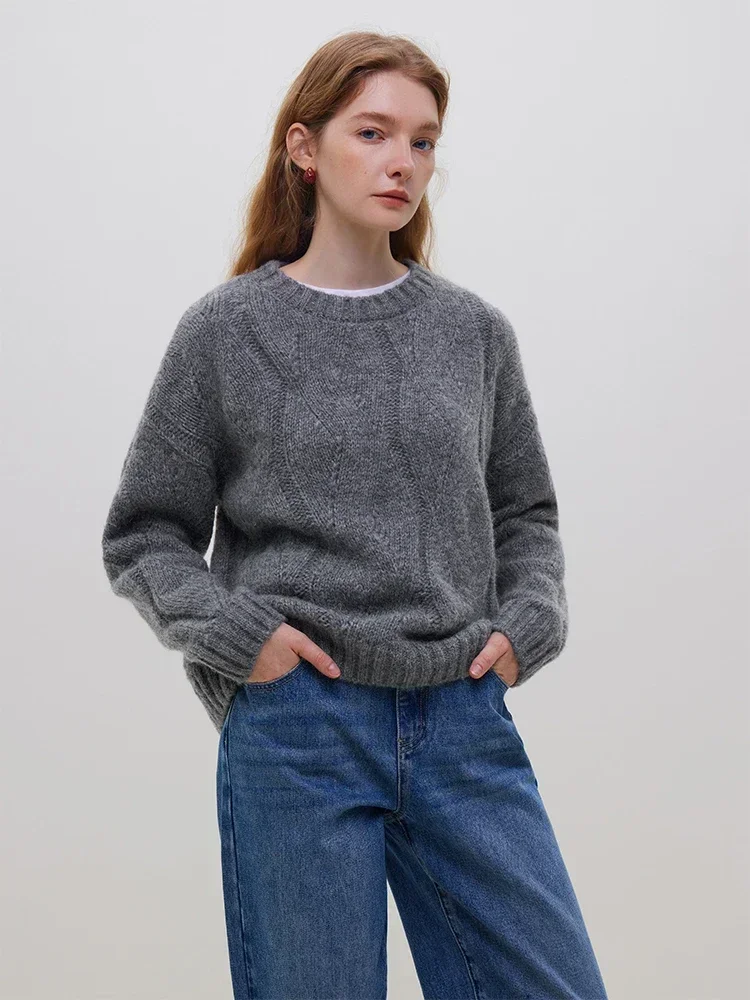 FSLE 20.9% Wool 19.1% Mohair Women Round Neck Solid Short Sweater Hollow Out Design Oatmeal Color Drop Sleeve Wool Sweaters