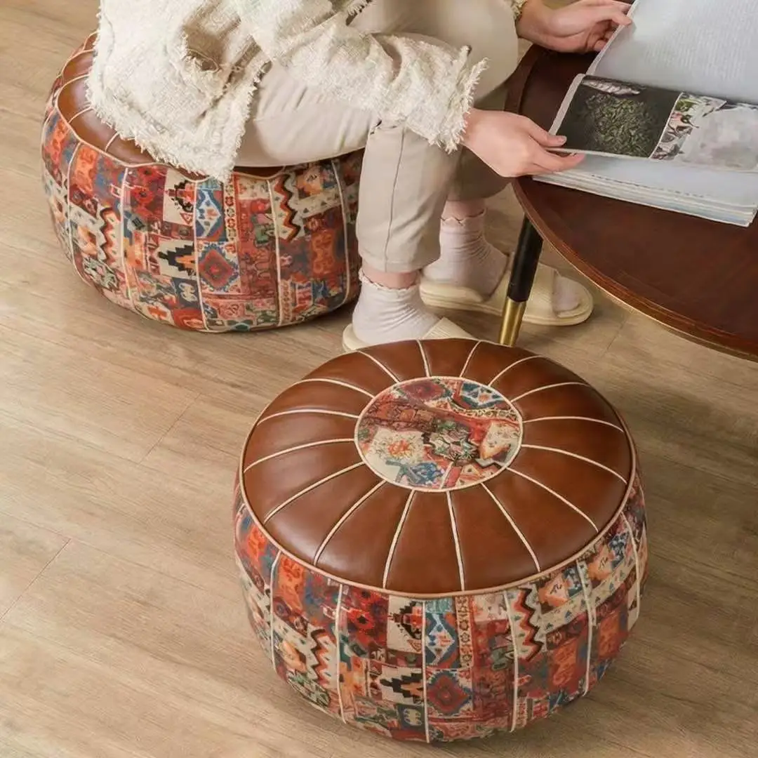 Light Luxury Bohemian Storage Ottoman, Faux Leather Pouf Seat for Clothes Storage, Shoe Changing Stool, Unstuffed Cover