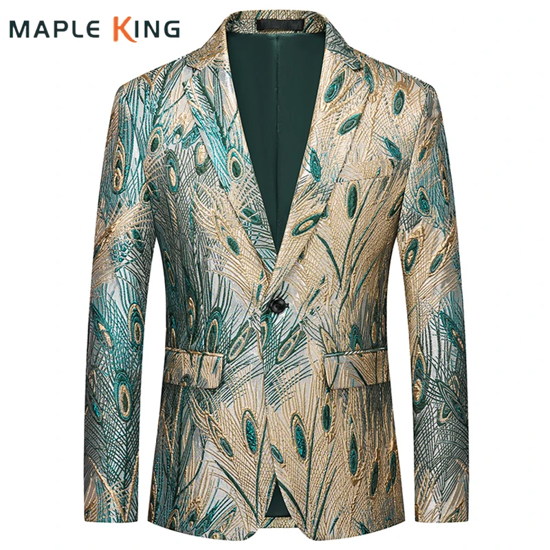 Luxury Men's Peacock Feather Jacquard Blazer Hombre Top Quality Single Button Elegant Suits Jackets for Men Costume Homme Luxe