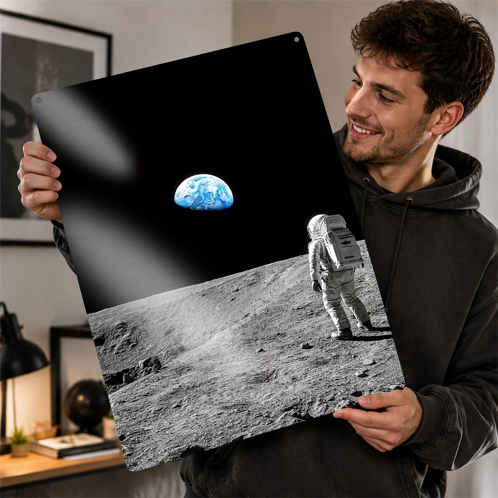 Astronaut On Moon Looking At Earth Textured Metal Poster Photographic Wall Art For Home Theater Personalized Aluminum Sign Gift