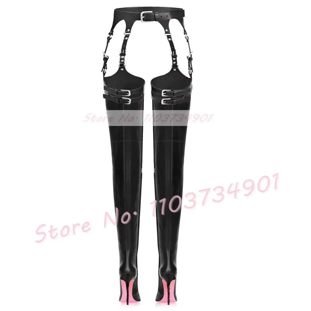 Pink Sole Buckle Belted Boots Women Fashion Pointy Toe Thigh High Heels Shoes Ladies Sexy Slim Solid Big Size Stiletto Boots