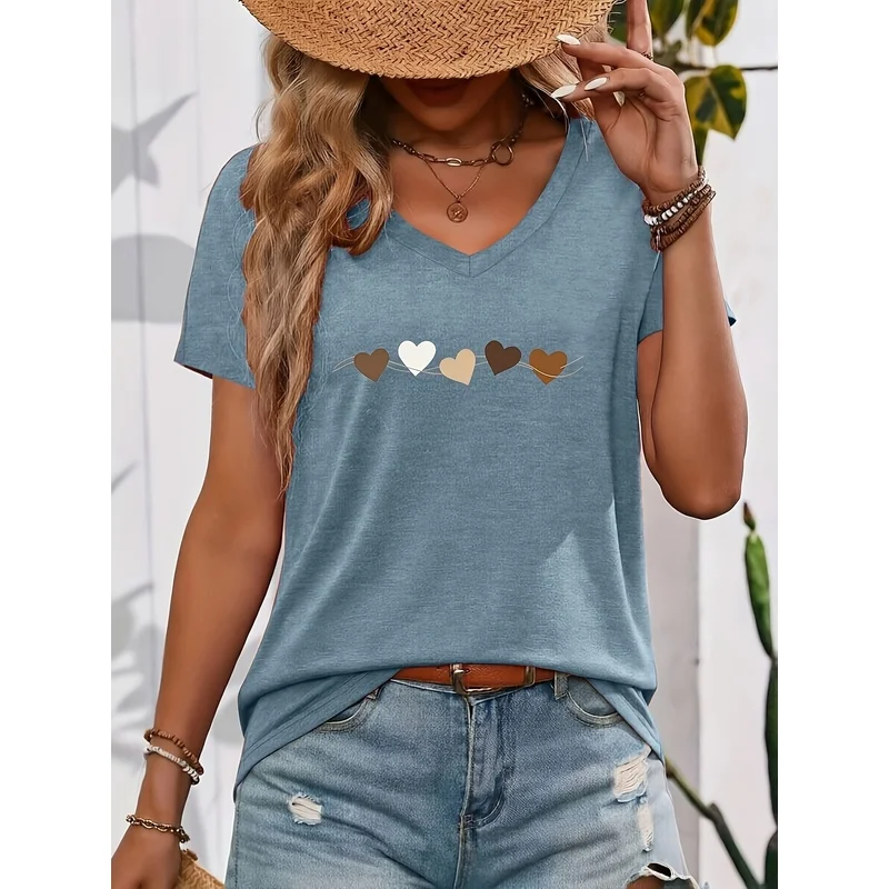 Women's Fashion Casual Top Base Tee, Gentle Style Heart-Position Print V-Neck Short Sleeve Loose Fit, for Daily Commuting Casual