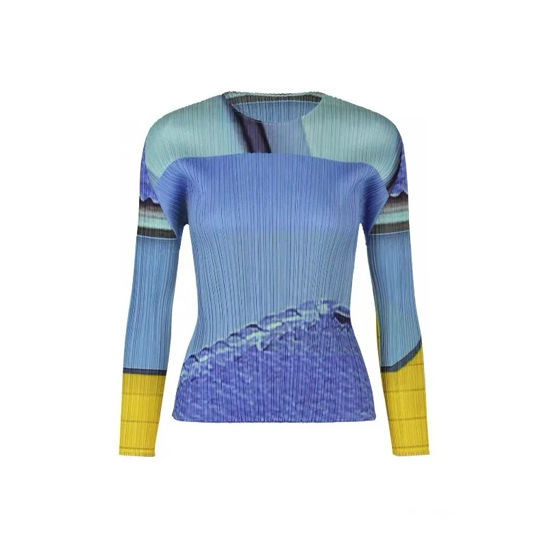 

Miyake Pleated T-Shirt 2026 Summer New Color-Block Long Sleeve Top Simple Loose Elastic Women's Casual Commuter Draped Clothing