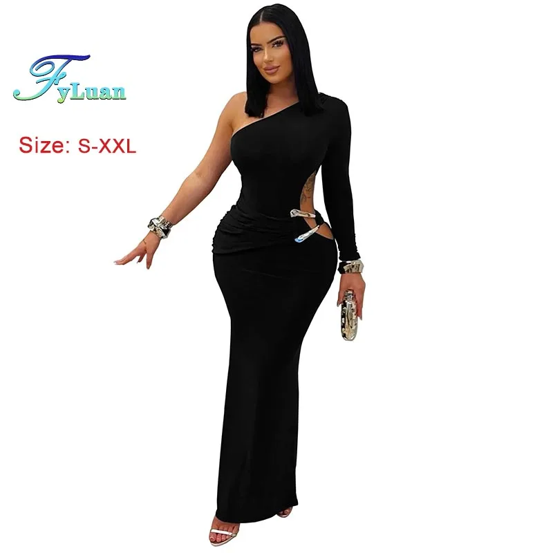 ชุดเดรสผู้หญิงเซ็กซี่ ไหล่เฉียง แขนเดียว ยาว แฟชั่น สีพื้น ทรงเข้ารูป โชว์เอว ชุดราตรี ชุดค็อกเทล
