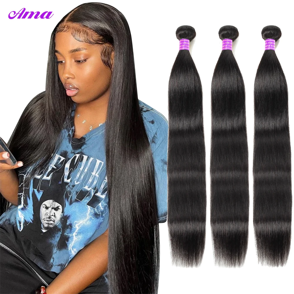 Ama Bone Straight Hair 3 4 Bundles Bone Straight Human Hair Bundles Hair Non-Remy Bundles Brazilian Weave Human Hair Extensions